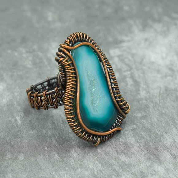 Green Agate Druzy Ring Size 9 Copper Wire Wrapped Gemstone Ring - Picture 3 of 4